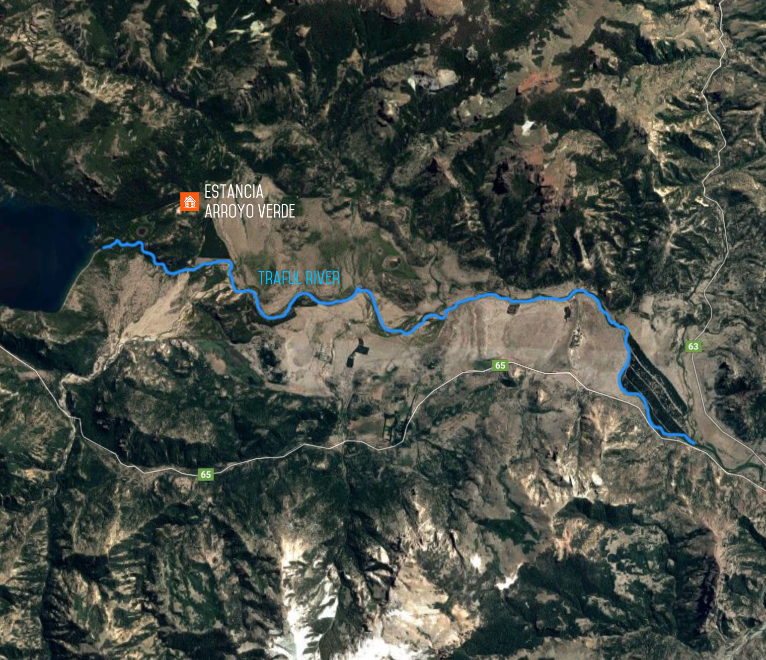 Map showing Estancia Arroyo Verde, the Traful River and Traful Lake