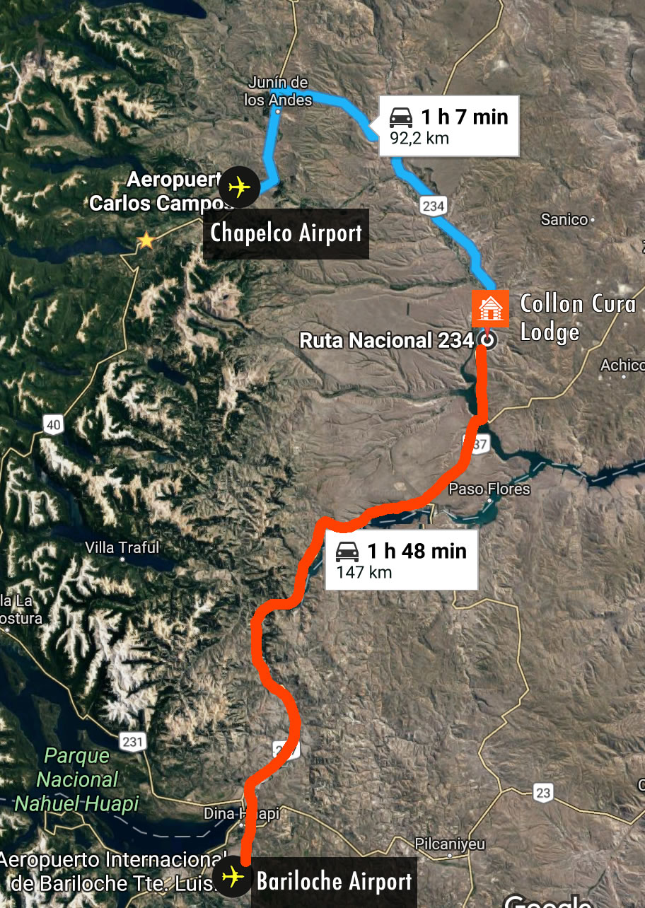 Map showing Estancia Collon Cura and the route from Chapelco and Bariloche airports
