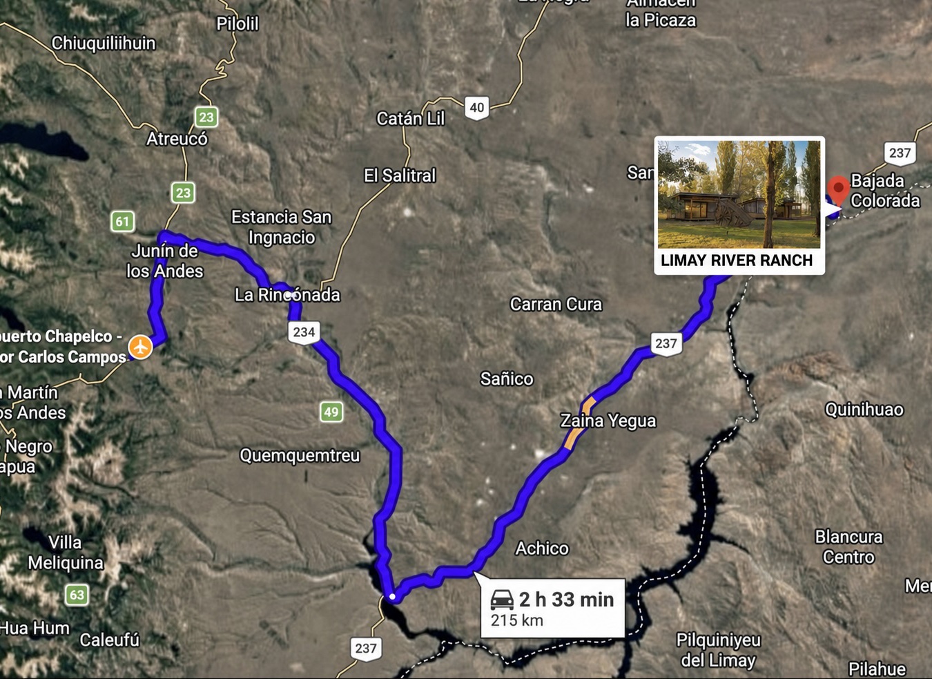 area map showing Limay River Ranch and Chapelco airport