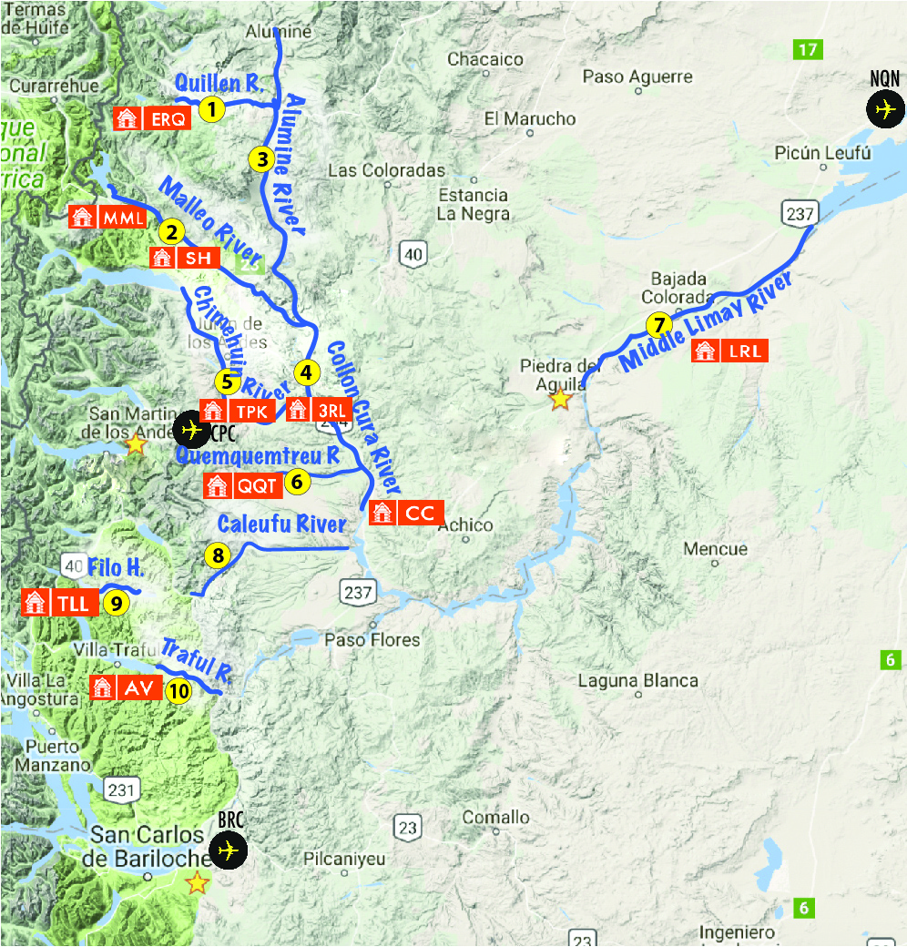 area map showing lodges and rivers