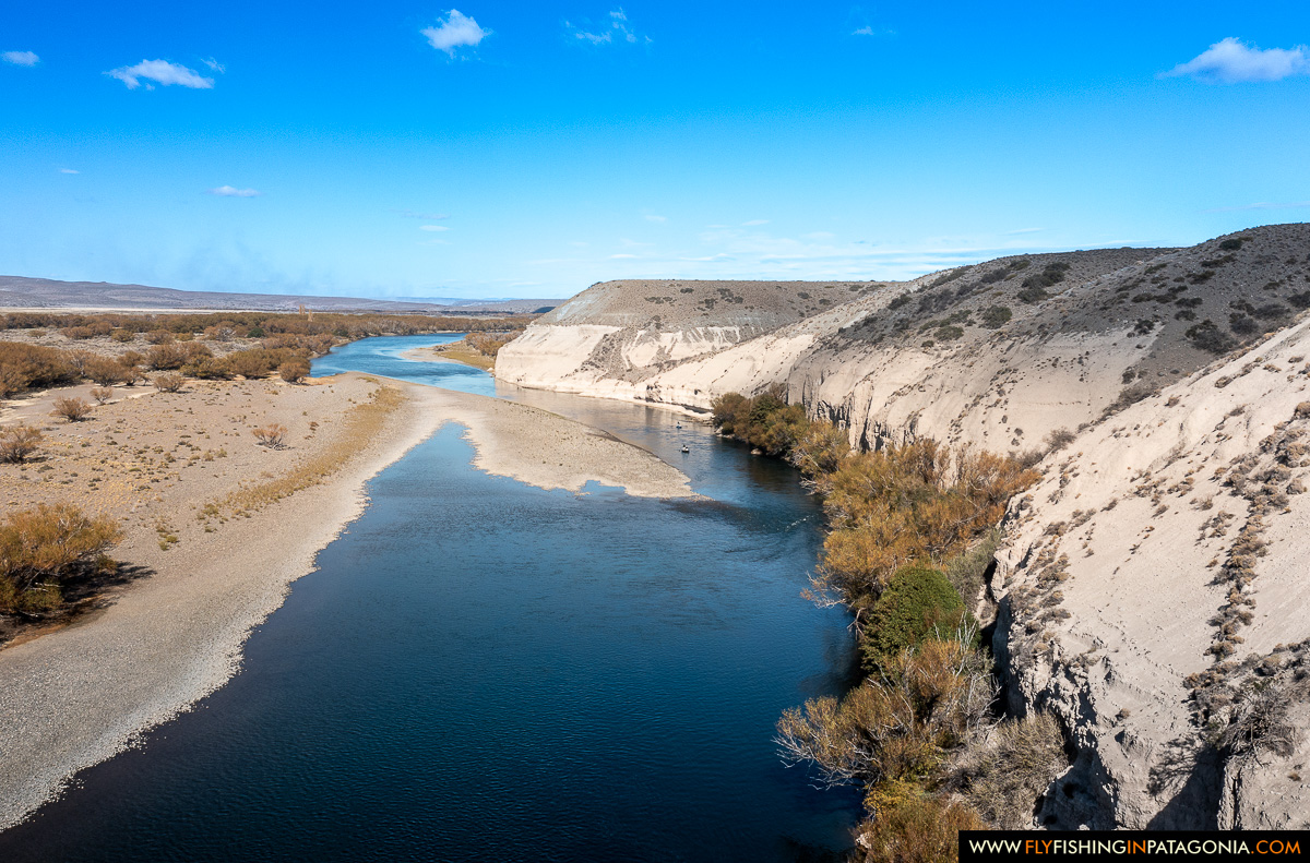 Aerial view upstream along a deep channel of the Collon Cura River