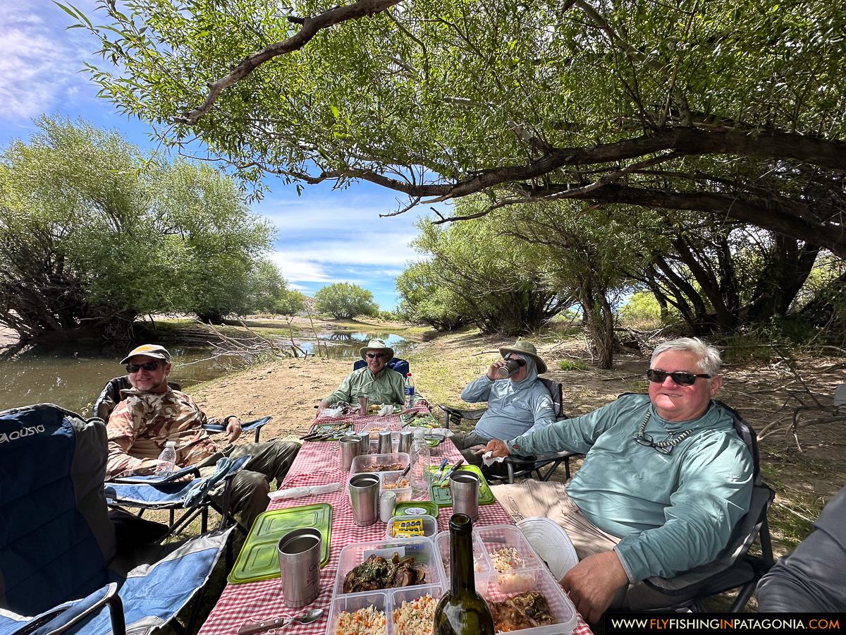 Anglers sharing lunch beneath the willows beside the Collon Cura River