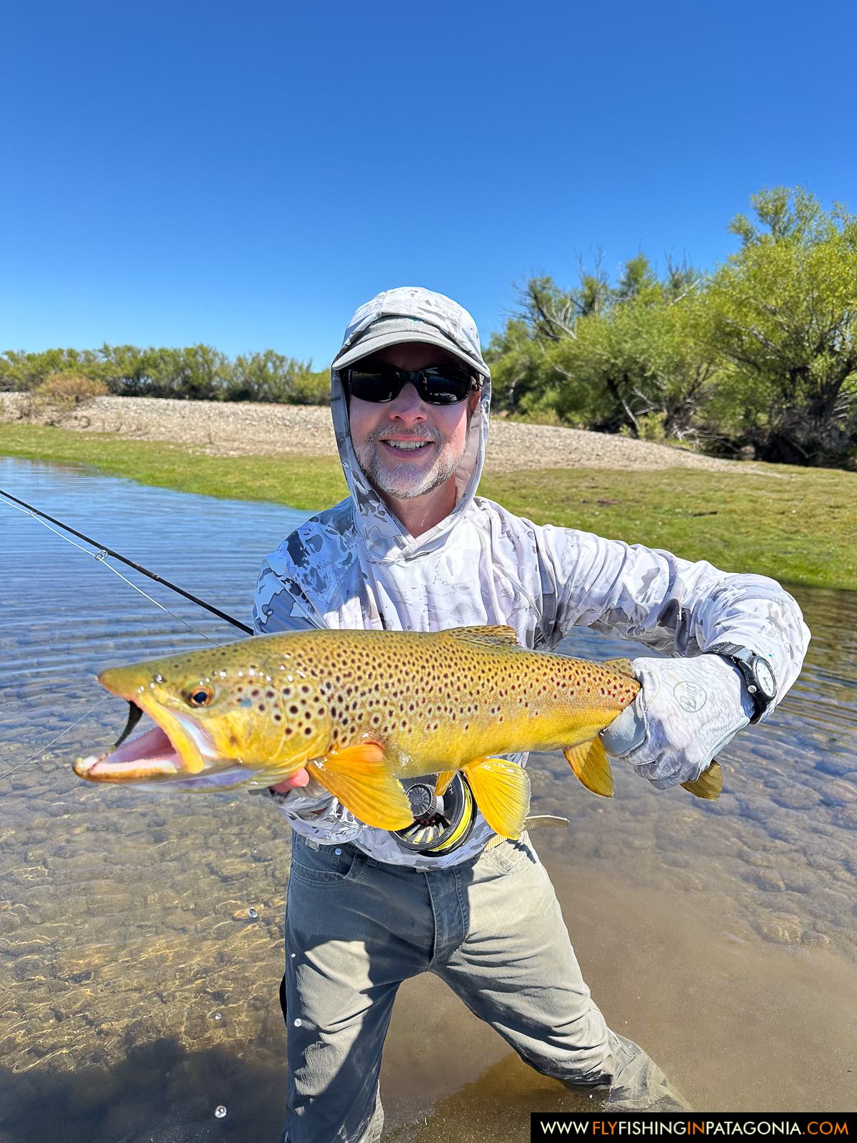 Angler presenting a brown trout beside the Collon Cura River