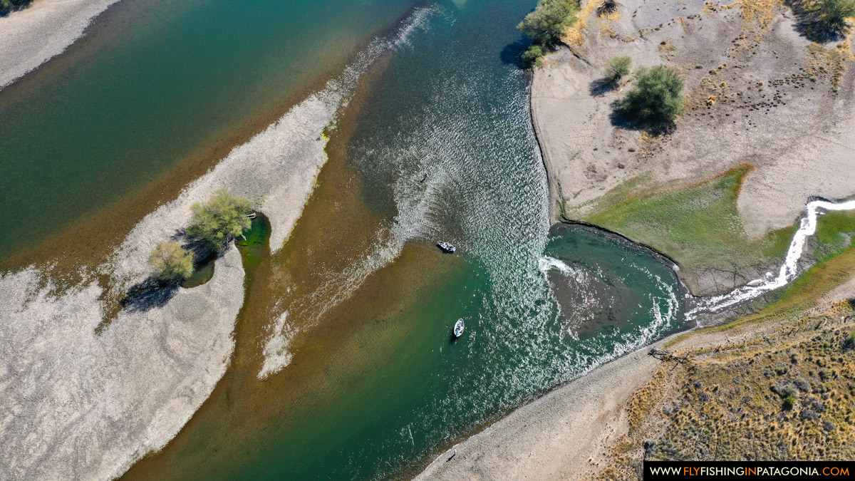 Aerial view of the Collon Cura River and its gravel channels