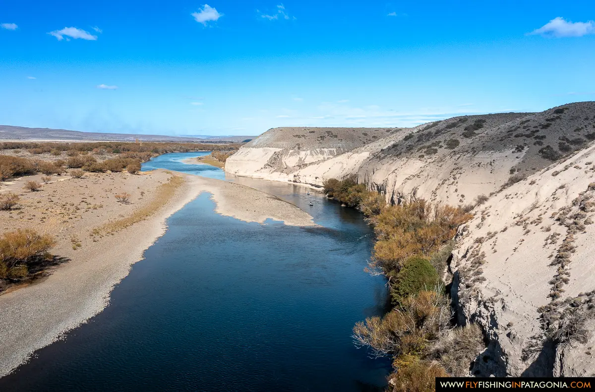 Aerial view upstream along a deep channel of the Collon Cura River