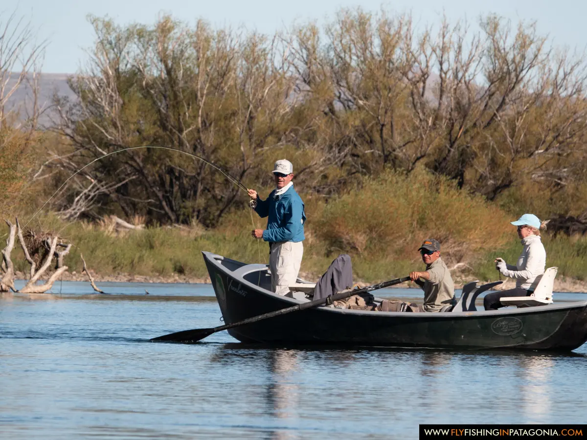 Guide and anglers drifting a willow-lined section of the Collon Cura River