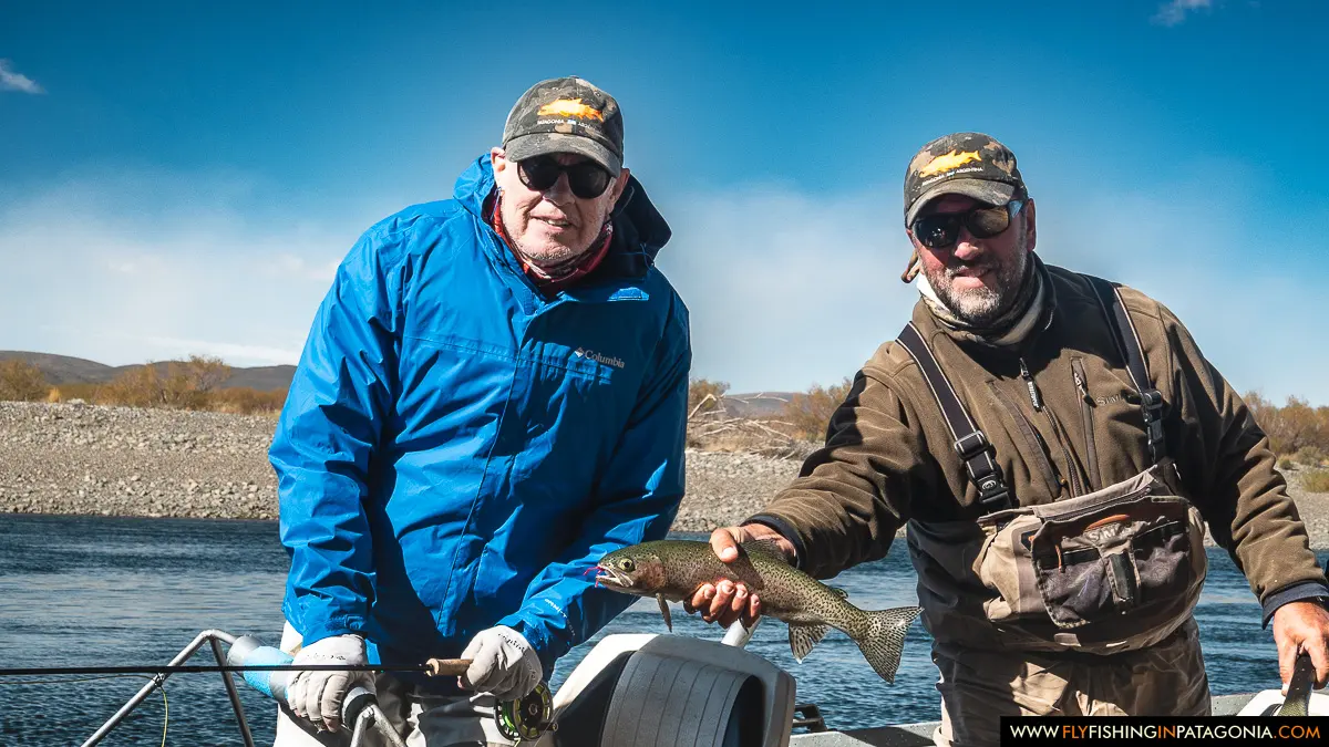 Guide and angler aboard a drift boat on the Collon Cura River