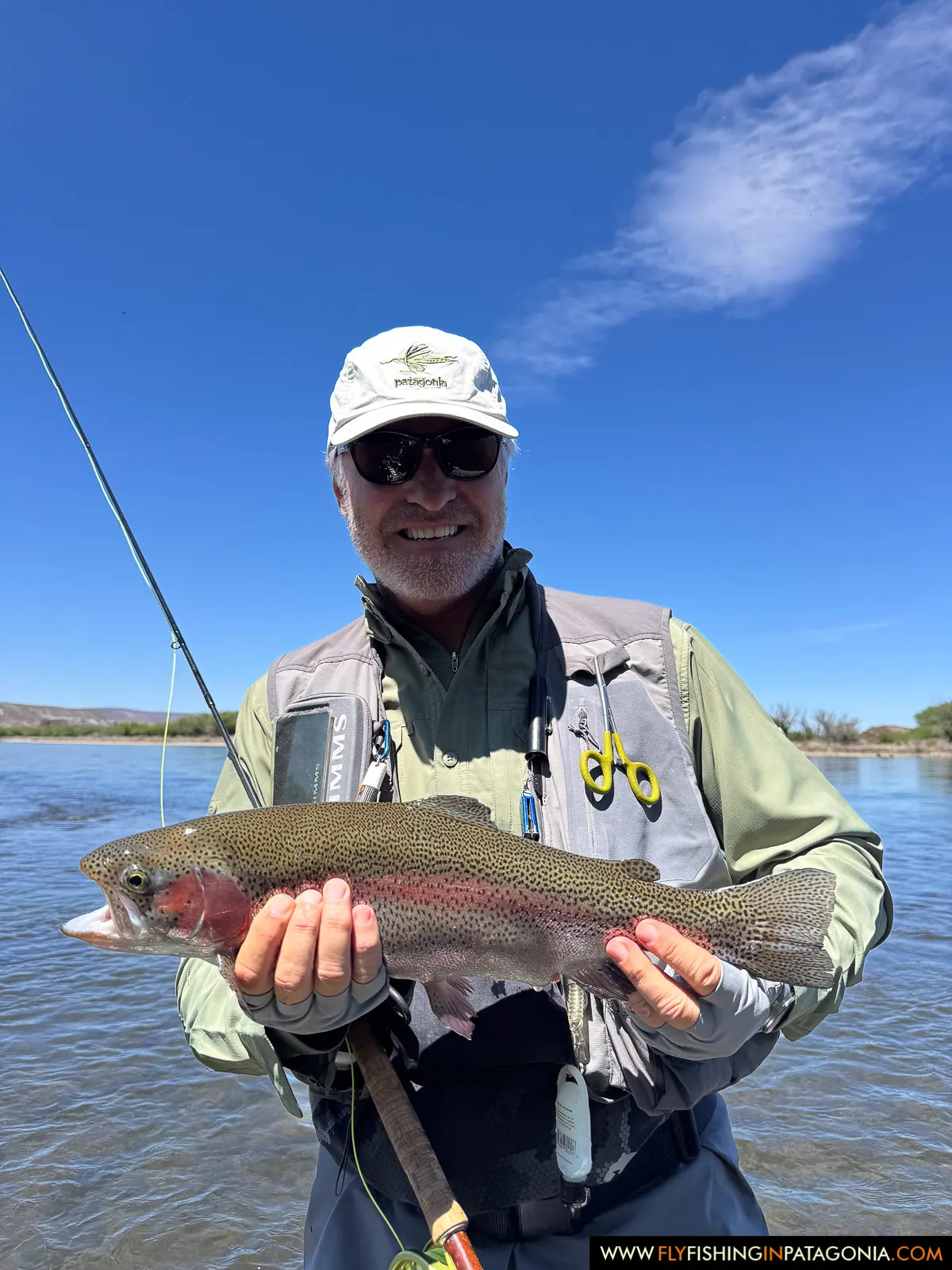 Angler holding a rainbow trout beneath a blue sky on the Collon Cura River
