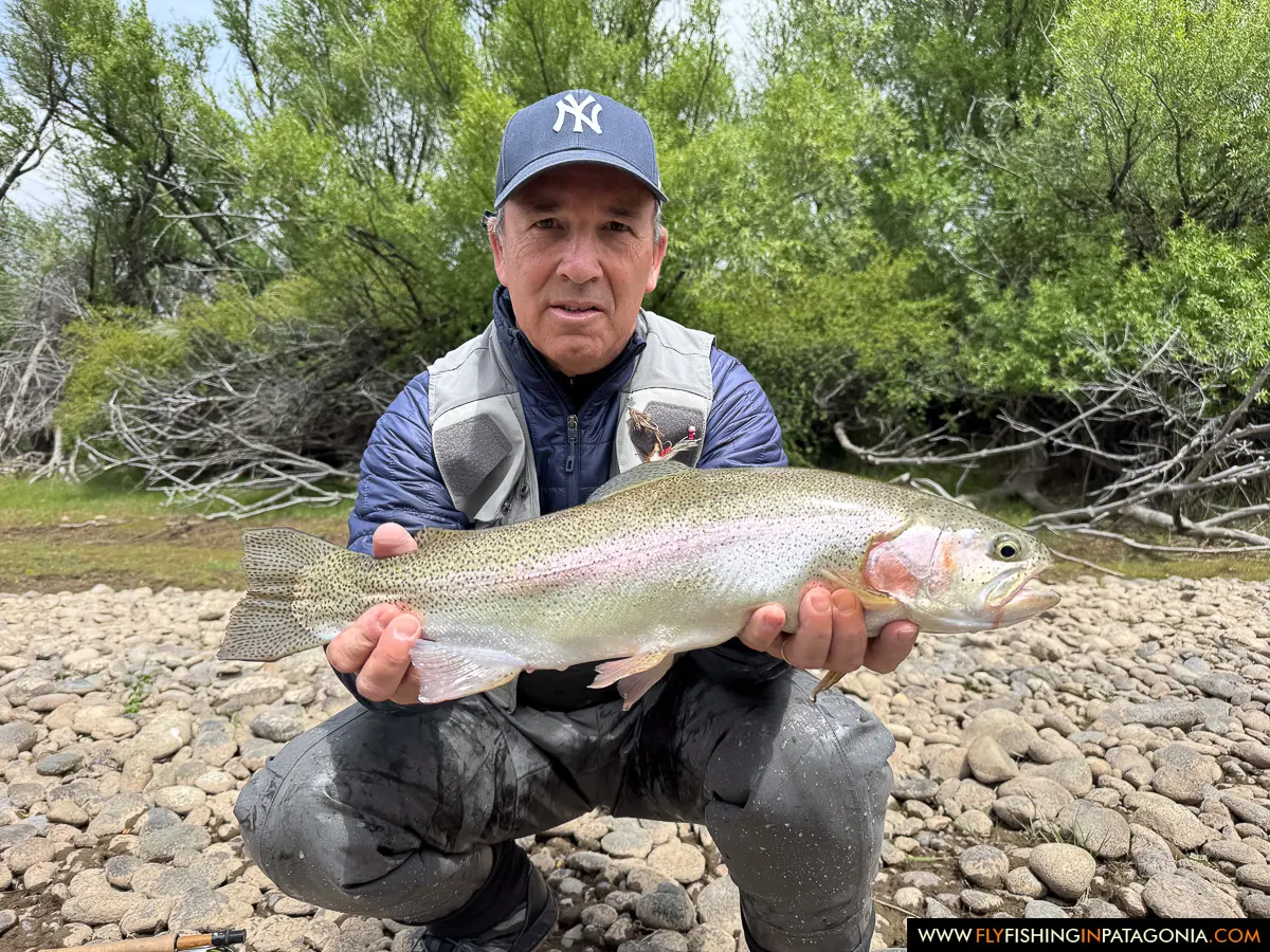 Angler holding a rainbow trout on a Collon Cura River gravel bank
