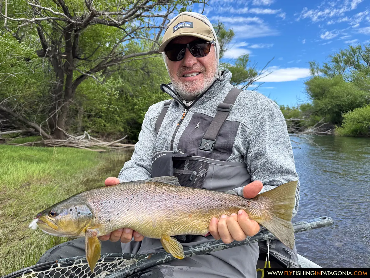 Angler holding a brown trout beside a Collon Cura River side channel