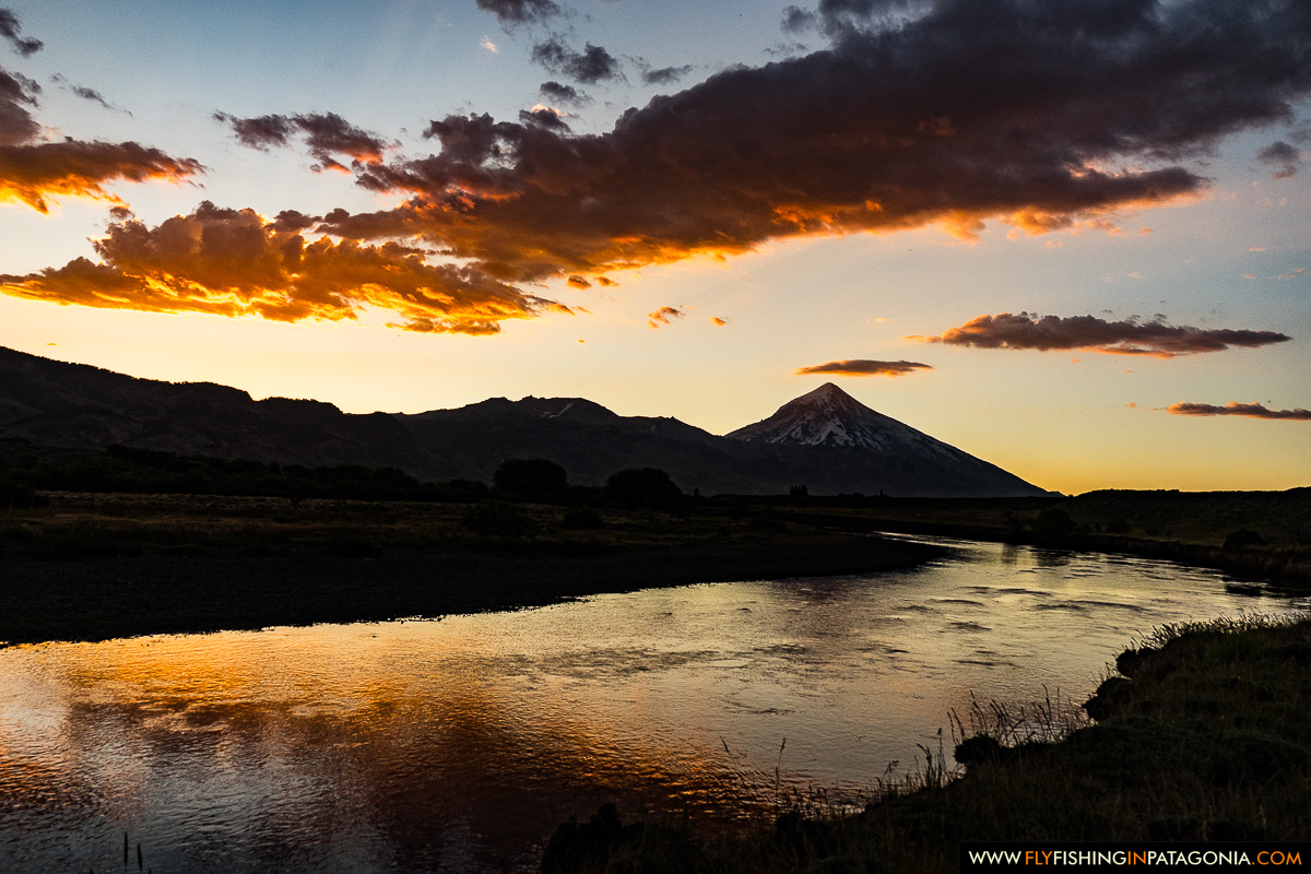 Sunset over Lanin Volcano and the Malleo River valley
