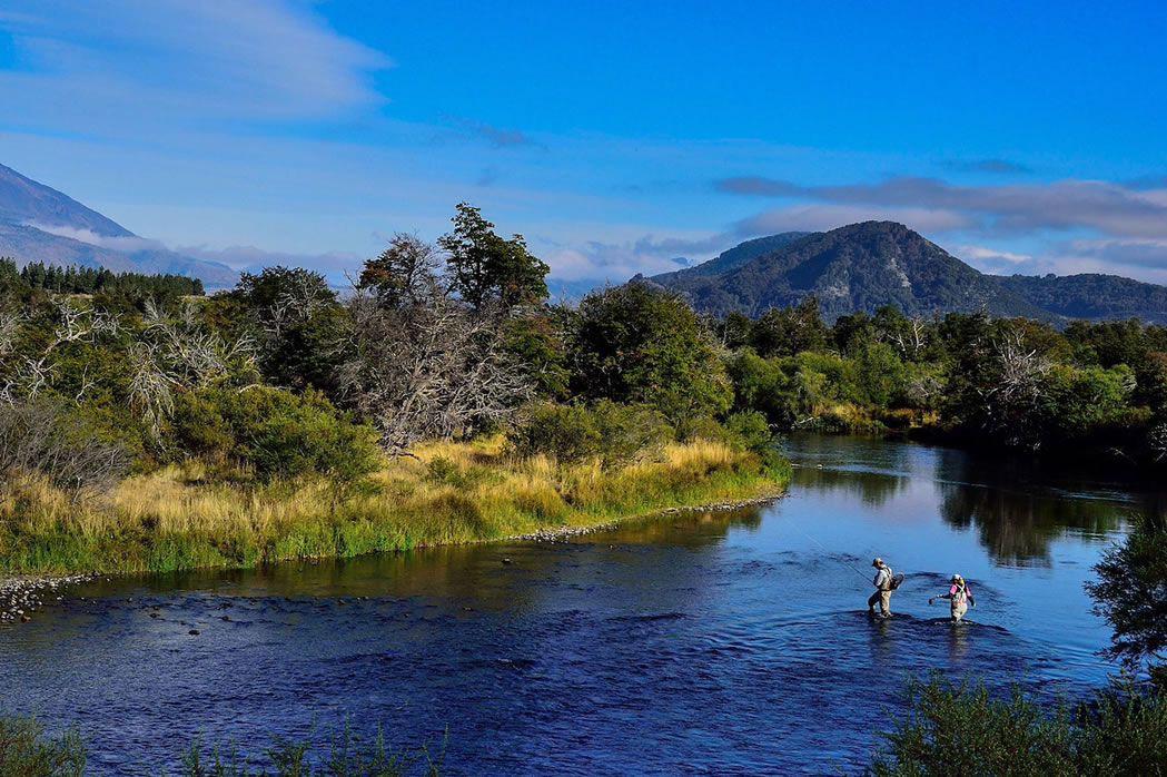 Clear water and willow-lined banks on the Malleo River
