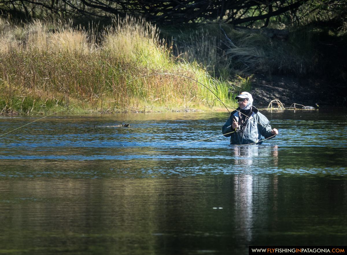 Paul Pare fighting a trout on the Malleo River