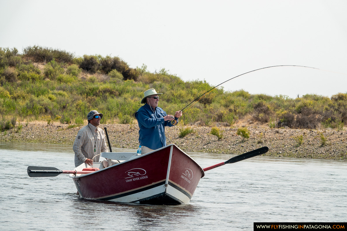 casting from the drift boat on a calm stretch of the middle limay river