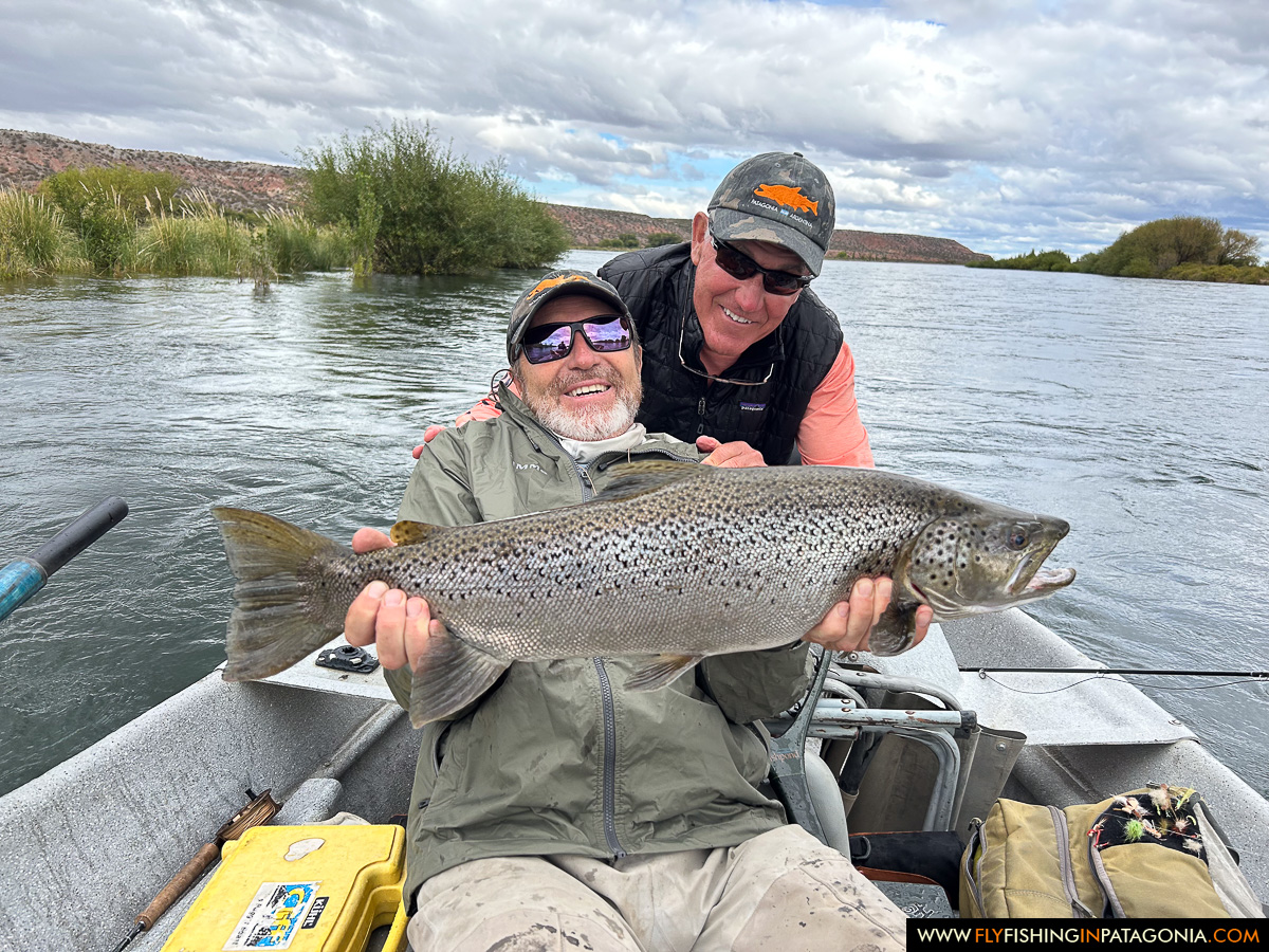 two anglers sharing a big brown trout landed from the boat on the middle limay river