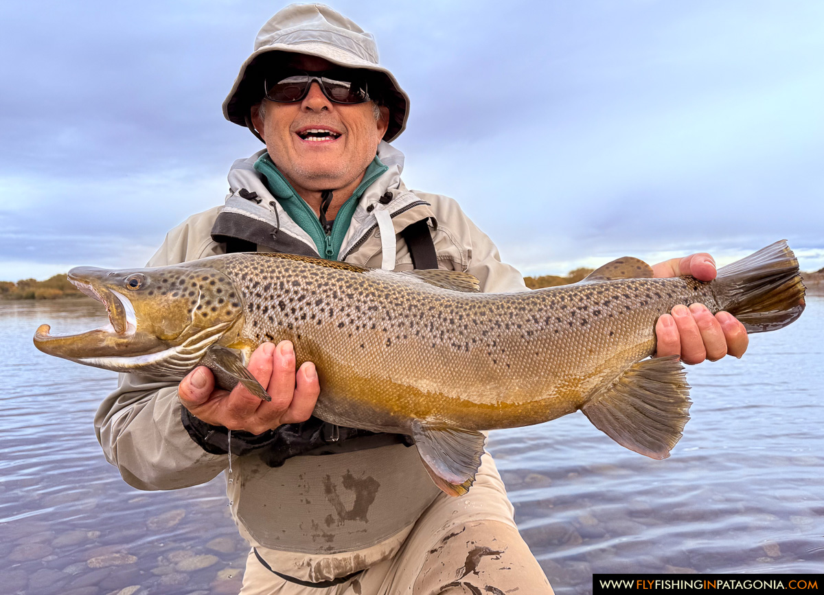 a big smile holding a great brown trout wade fishing the middle limay river