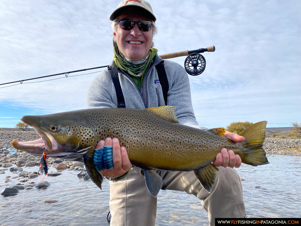 holding a big brown trout in the boat at sunset on the middle limay river