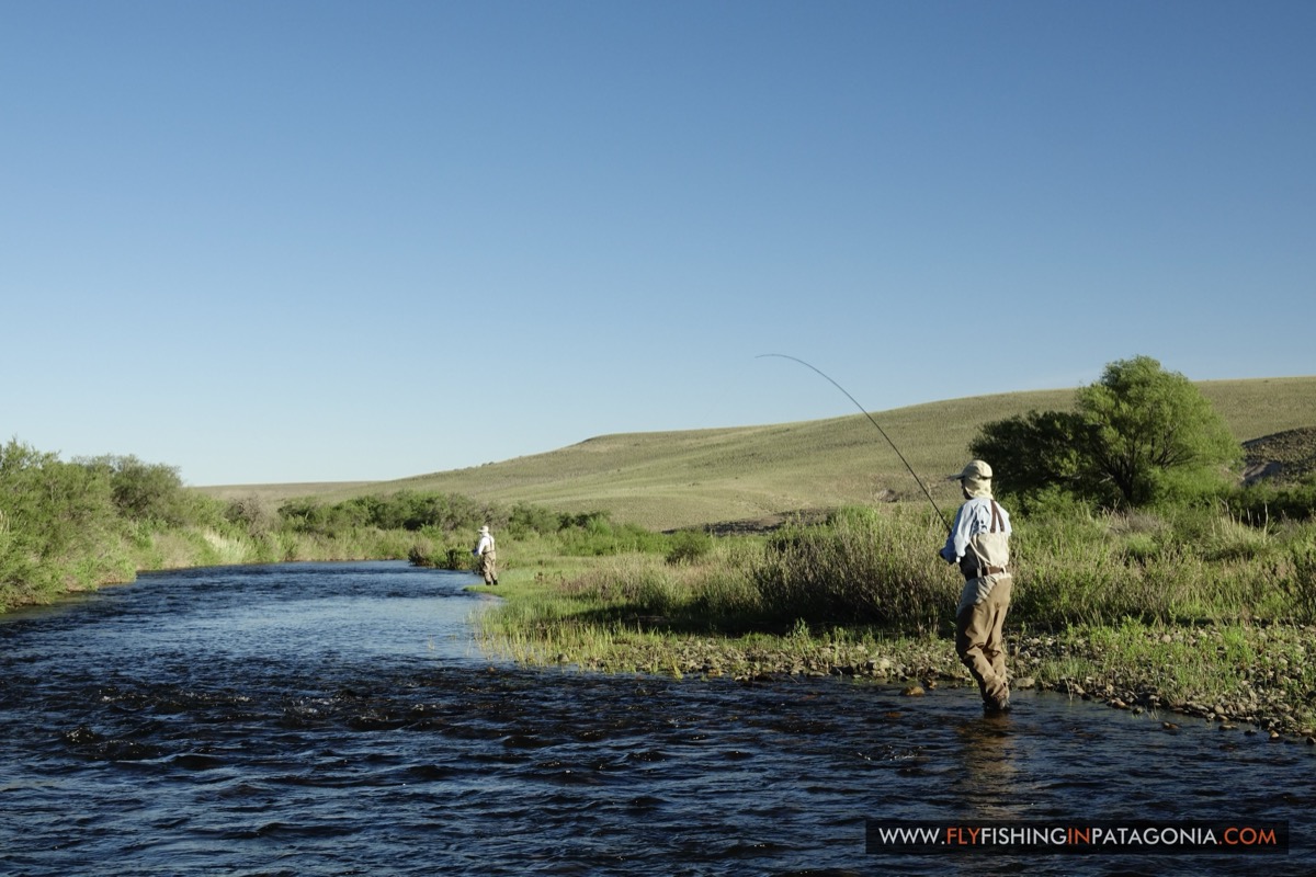 Solo angler fighting a fish, rod bent against the sky, on the Quemquemtreu stream