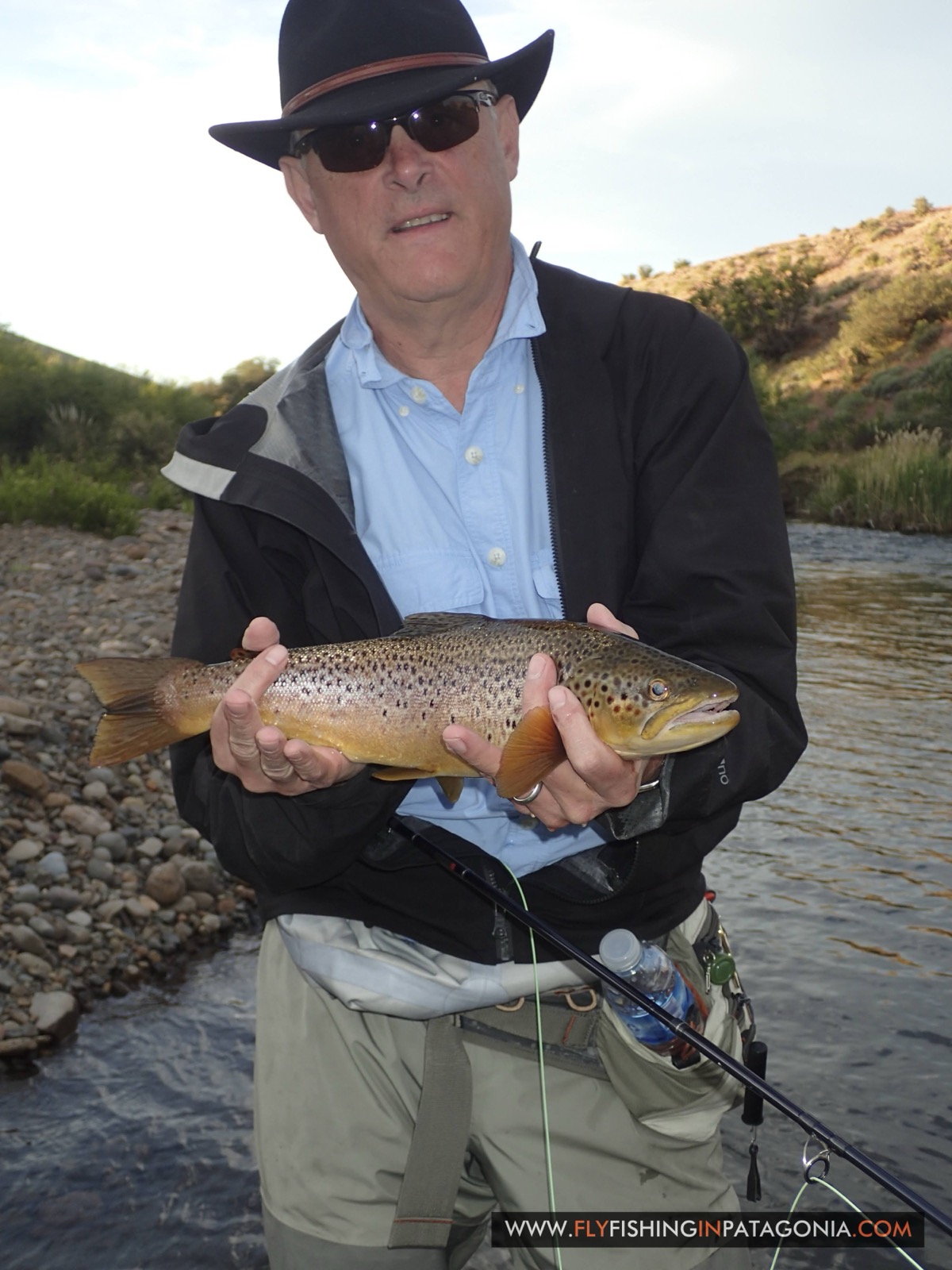 Angler holding a large brown trout in a net on the Quemquemtreu stream