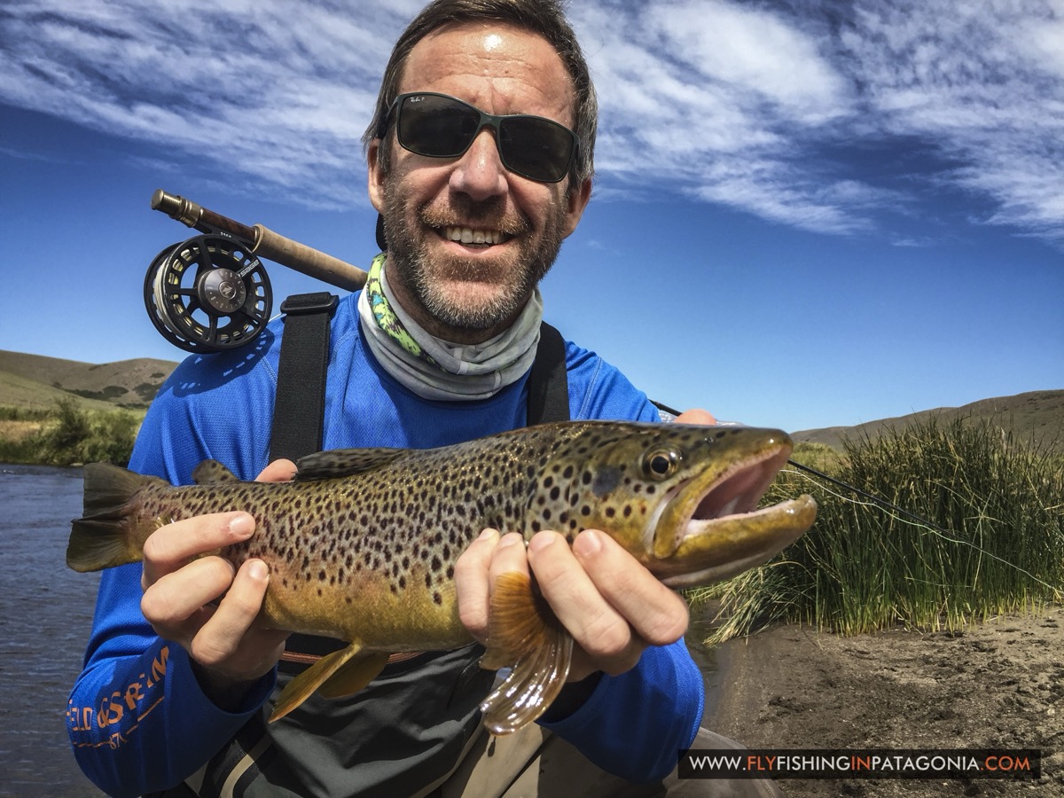 Angler holding a brown trout with mountains in the background