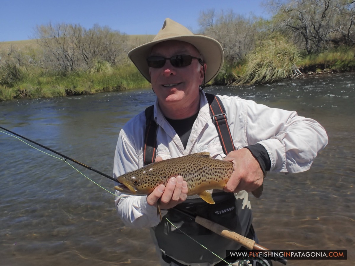 Angler holding a brown trout on a gravel bank of the Quemquemtreu stream