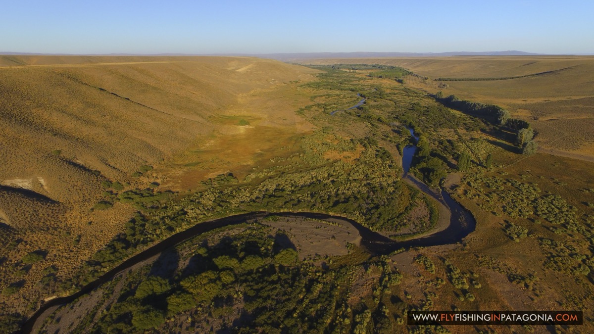 Aerial view of the Quemquemtreu stream valley at golden hour