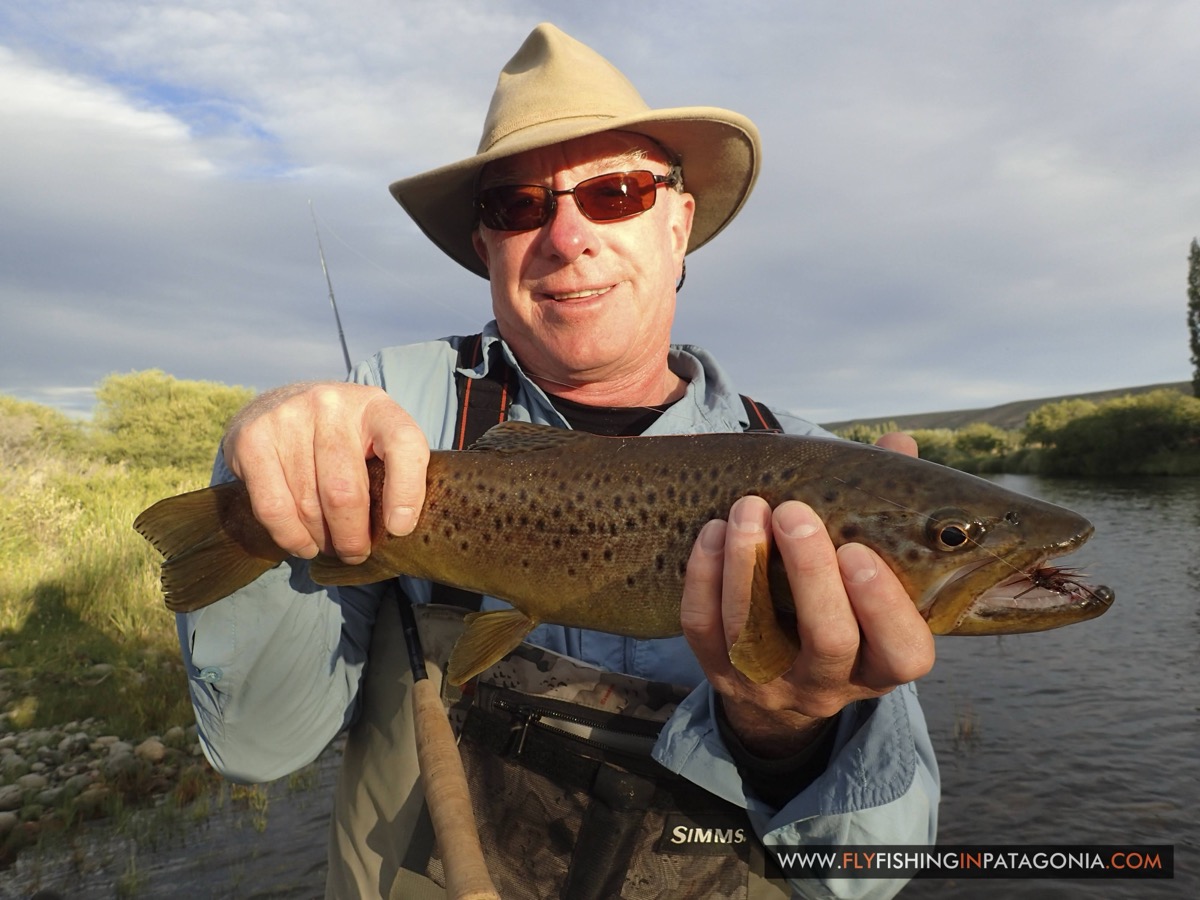 Angler holding a brown trout under a blue Patagonian sky