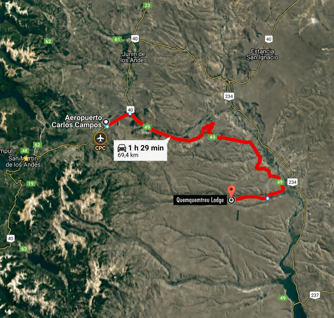 Route map from Chapelco Airport CPC to Estancia Quemquemtreu