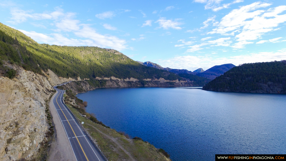 aerial view of the road along Lacar Lake