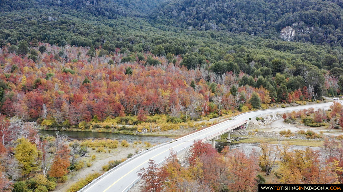 aerial view of a bridge on the Seven Lakes Road in autumn colors